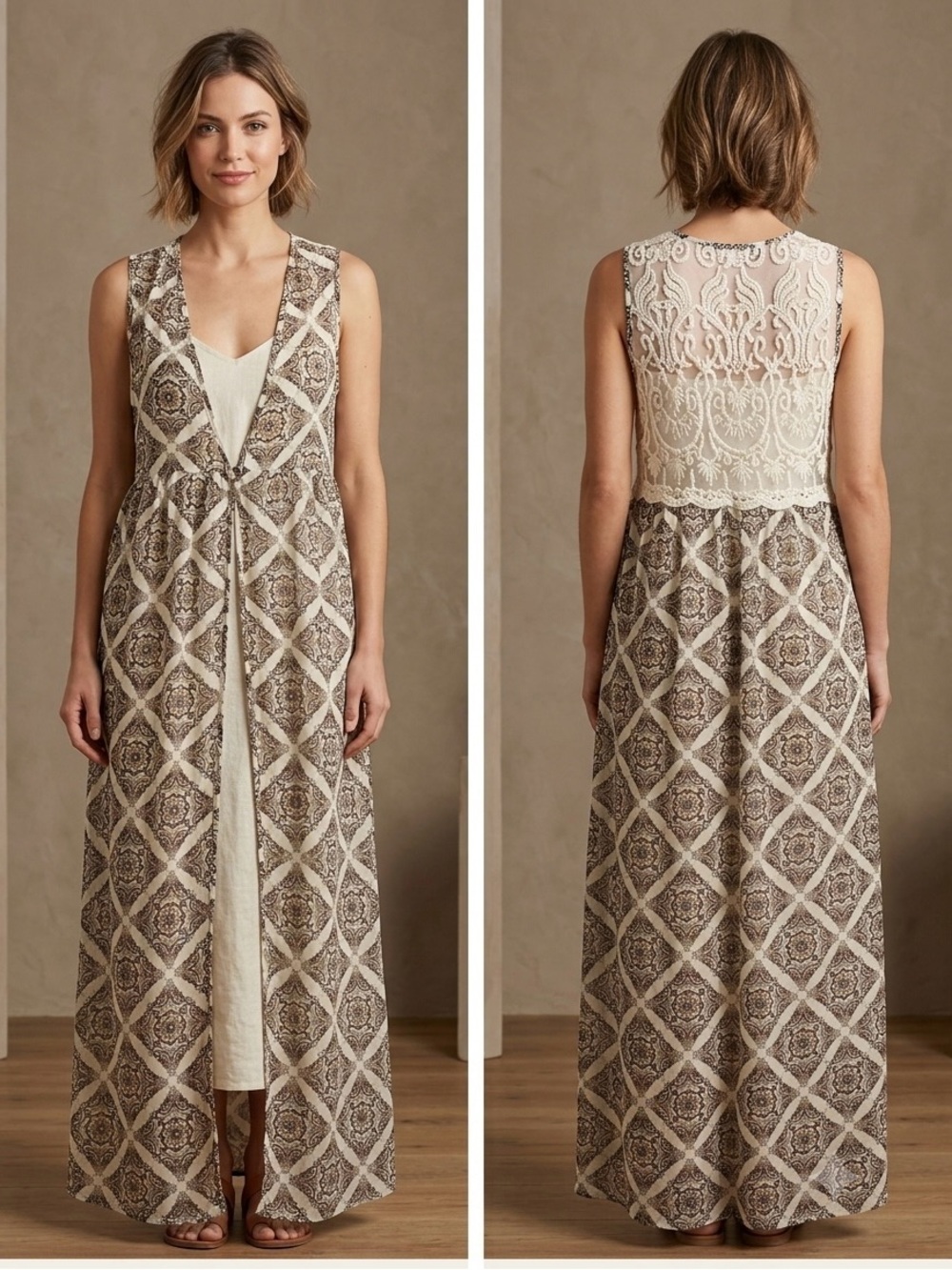 MAVERICK Sleeveless Ivory & Brown Patterned tunic with Lace Back